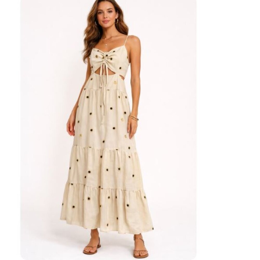 MAAC LONDON Keyhole Maxi Dress Cream Embroidered Size Medium